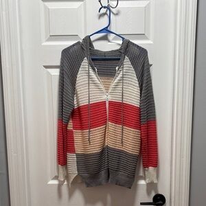 Striped lightweight hooded zip up sweater jacket